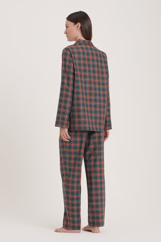 Cotton Pajama Set - Plaid - Forest Green and Tangerine