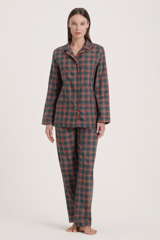 Cotton Pajama Set - Plaid - Forest Green and Tangerine