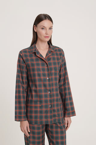 Cotton Pajama Set - Plaid - Forest Green and Tangerine
