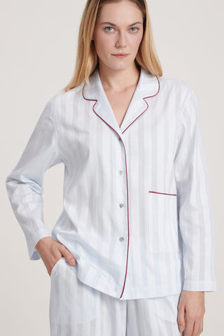 Cotton Satin Stripe Pajama Set - Sky
